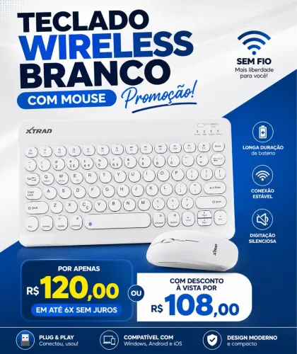 Teclado wireless branco com mouse promoção