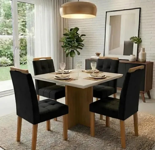 Conjunto de Jantar Compacto 4 Lugares com Vidro Off White e Veludo Preto