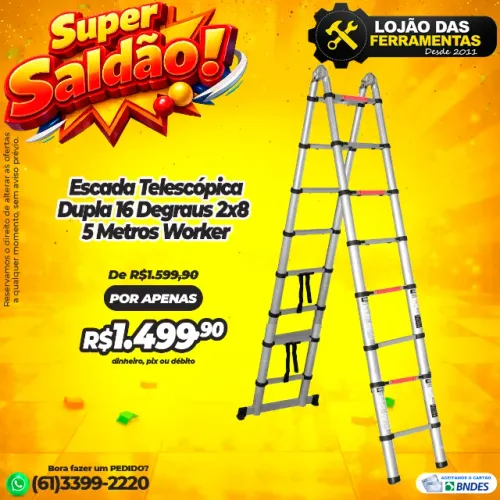 Escada Telescópica Dupla 16 Degraus 2x8 5 Metros Worker