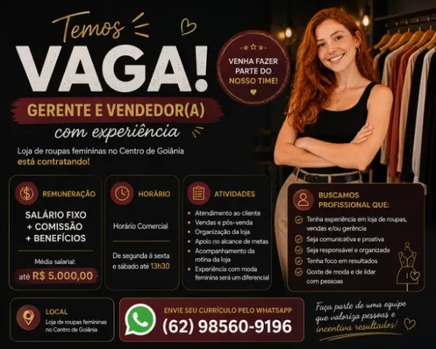 VAGA | GERENTE E VENDEDOR(A) COM EXPERIÊNCIA | LOJA DE ROUPAS FEMININAS