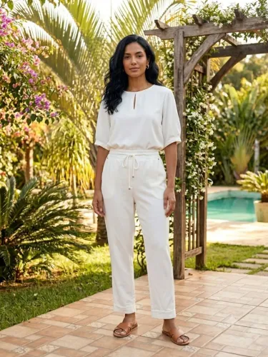 Conjunto feminino branco de calça e blusa