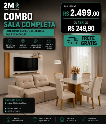 Combo Sala Completa: Painel, Sofá Retrátil e Mesa com 4 cadeiras 