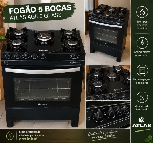 Fogão 5 Bocas com Mesa de Vidro