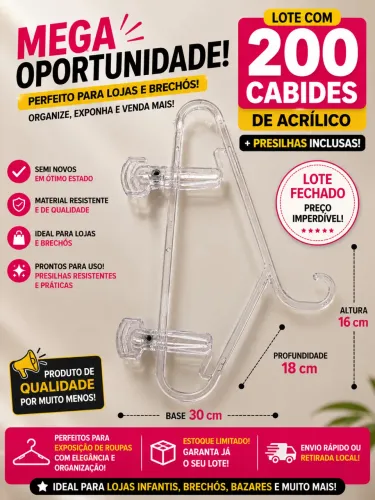 Lote com 200 cabides de acrílico com presilhas