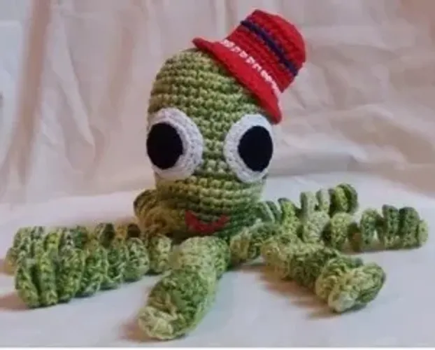 Octopus p/bebês Amigurumi crochê Polvo Terapêutico Verde com Chapéu Vermelho