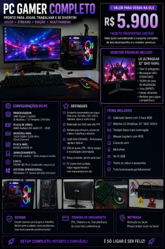 PC GAMER COMPLETO TUDO TOP É SÓ USAR. MAQUINA DE QUALIDADE.