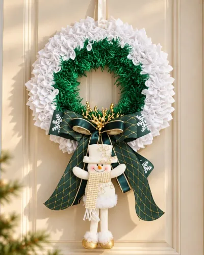 Guirlanda Natalina Artesanal Verde e Branca com Boneco de Neve