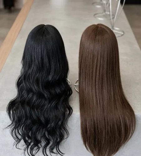 Wig Preta Com franja Ondulada, Wig com franja castanho claro
