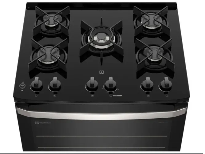 Fogão 5 Bocas Electrolux Preto Efficient Mesa De Vidro, Perfectcook E Grades De Ferro