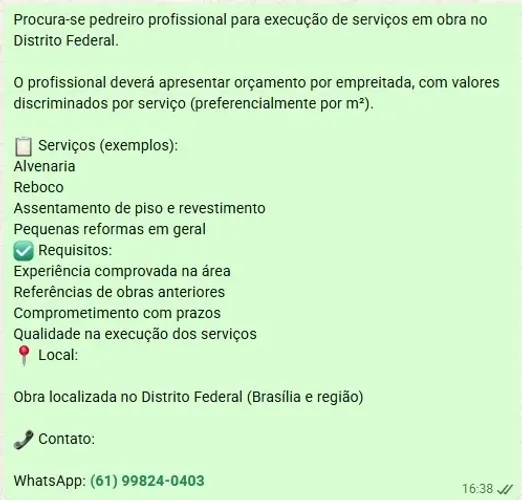 CONTRATA-SE PEDREIRO POR EMPREITADA - DF