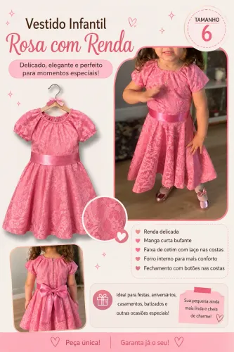 Vestido Festa Infantil Renda Rosa tam 6