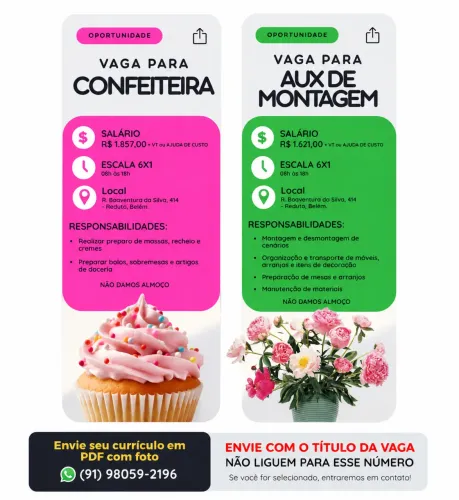 Vaga de emprego para confeiteira e auxiliar de montagem