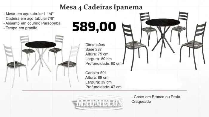 Mesa 4 Cadeiras Ipanema redonda tampa em granito /ENTREGA HOJE !!!