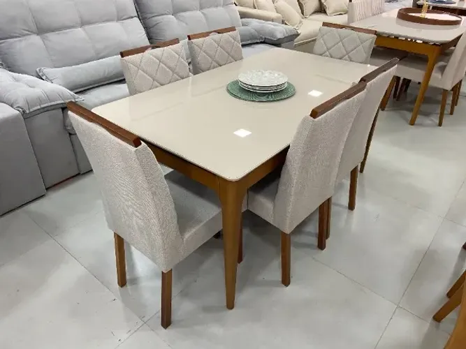 Mesa Jantar Base em Madeira e Tampo Laqueado + 6 Cadeiras Modernas