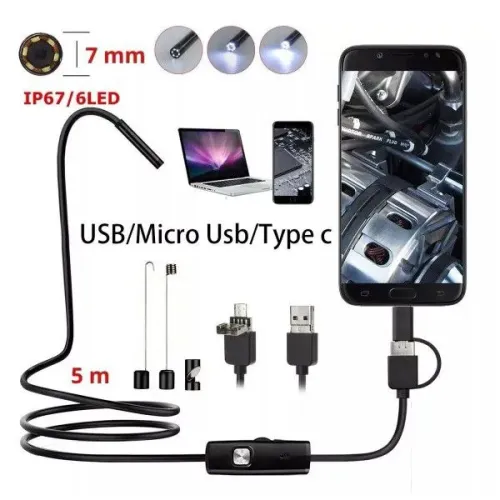 Endoscópio USB/Micro USB/Type C - 7mm, 6 LEDs