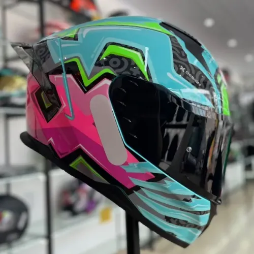 Capacete TEXX RAPTOR ARCADE AZUL VERDE ROSA. 12 X CARTÃO