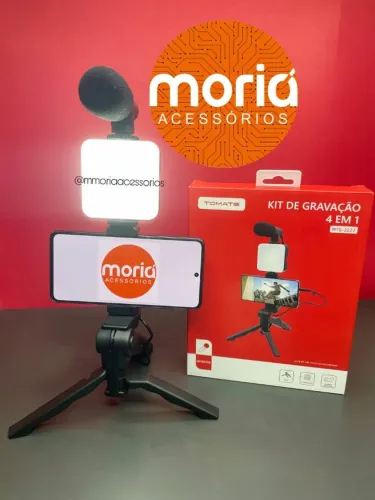 Kit de Gravação Celular 4 Em 1 Com Microfone Luz Led E Suporte