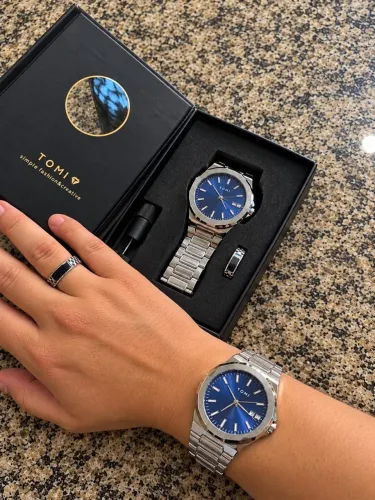 Relógio Masculino TOMI Original Azul - Aço Inoxidável + Caixa + Anel Brinde - Novo 