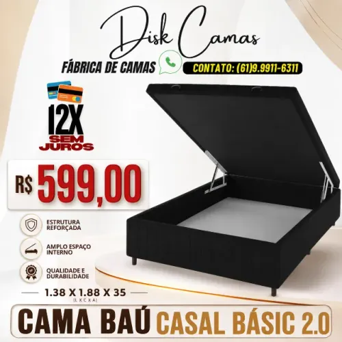 Cama Baú Casal Basic 2.0 1.38x1.88x35 Preta Direto da Fábrica - R$599,00