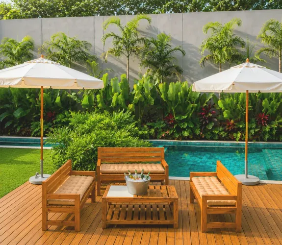 Aluguel de lounges tropicais e ombrelones