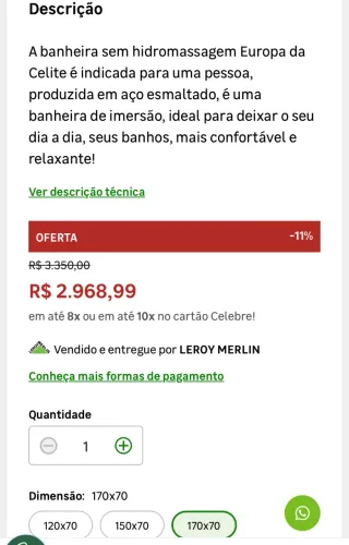 Banheira Celite Europa 38,5x70x170cm Aço Esmaltado