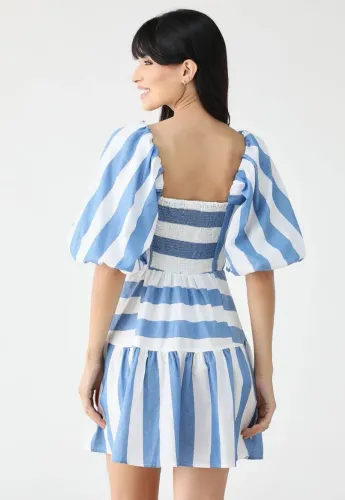 Vestido Farm Curto 'Mistura de listras' azul 