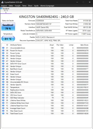 ssd 2.5 dentro m2 Kingston 240gb testado com Windows