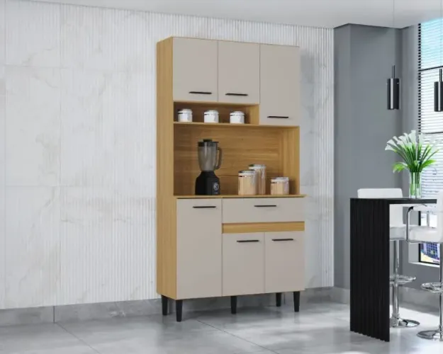 Armário de Cozinha Carol 6Pts 1Gvs Damasco Ripado 3D/Off White Poquema - Entrega Rápida!