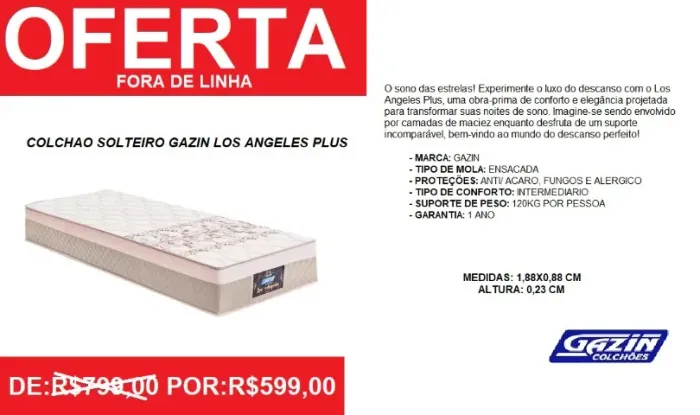 Colchão solteiro molas gazin los angeles plus - oferta!