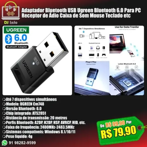Adaptador Bluetooth USB Ugreen Bluetooth 6.0 Para PC