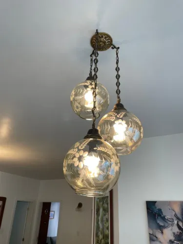 Lustre Antigo 3 Globos Vertical - Vidro Decorado