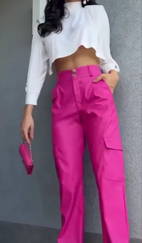 Calça Cargo Couro PU Rosa Pink Bari Original Tam 38 - Estado de Nova