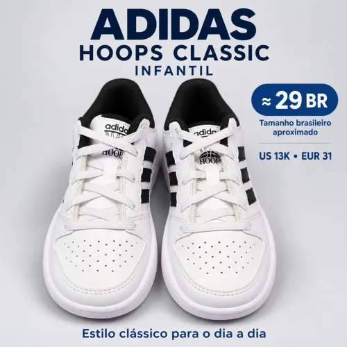 Tênis Adidas Hoops Classic Infantil Branco e Preto - Tam. 29 BR