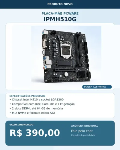 Placa-mãe PCWare IPMH510G, produto novo e sem uso.