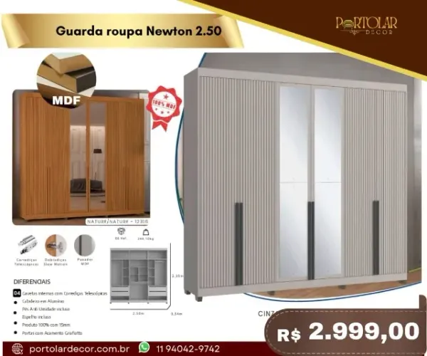 Guarda Roupa Newton 2.50, a pronta entrega