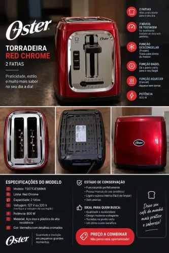 ? Torradeira Oster Red Chrome - 2 Fatias