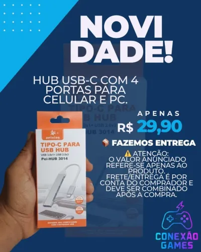 Hub USB-C com 4 Portas para Celular e PC