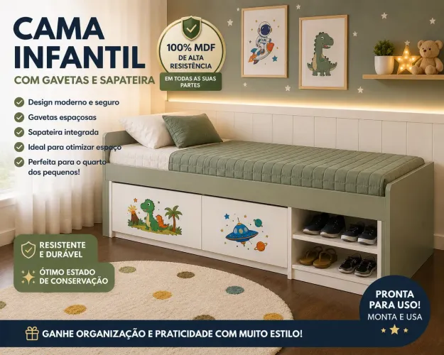 Cama Infantil Solteiro 100% MDF com 2 Gavetas e Sapateira