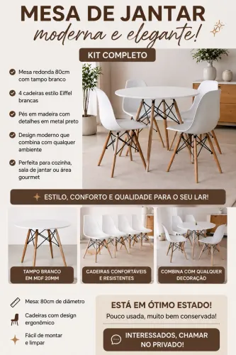 Mesa de Jantar Redonda Eiffel com 4 Cadeiras - Excelente Estado