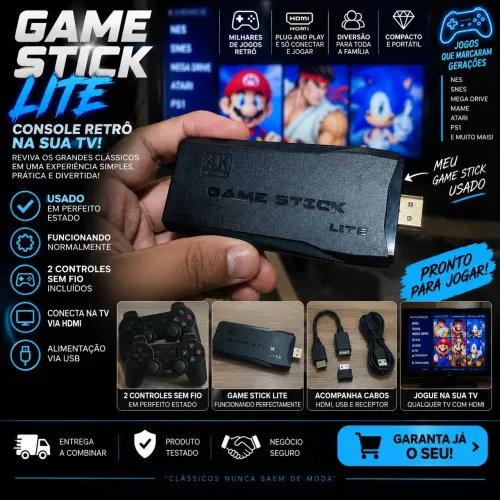 Game Stick Lite + 2 Controles Sem Fio | Jogos Retrô | Perfeito Estado