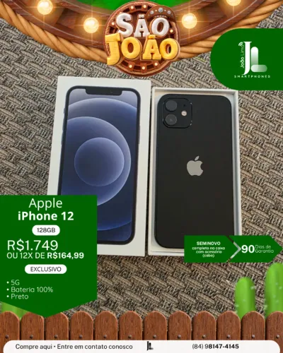 IPHONE 12, 5G, 128GB, PRETO, BAT 100%, SEMINOVO, EXCLUSIVO!