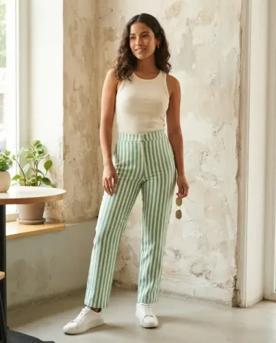 Calça Feminina Listrada Verde E Branca Sensação De Bem-estar