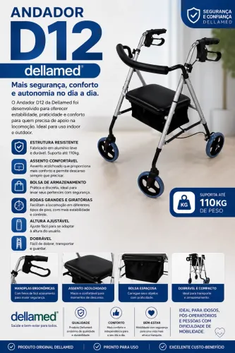 Andador D12 Dellamed com Assento e Bolsa - Novo com Nota Fiscal