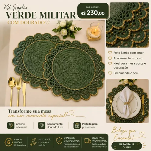 Kit Suplast cor militar com dourado 6 peças 