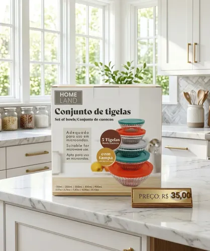 ?Conjunto de 5 Tigelas de Vidro C/ Tampas - Praticidade e Elegância na Sua Cozinha!