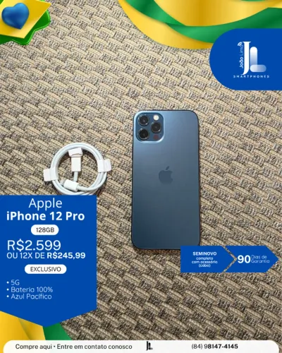 IPHONE 12 PRO, 128GB, AZUL PACÍFICO, BAT 100%, SEMINOVO, EXCLUSIVO!