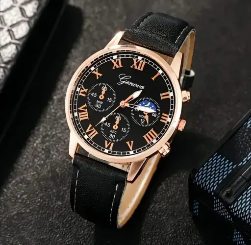 Relógio Masculino Preto Cromado Bronze Geneva Quartzo Correia Preto Couro PU Elegante Luxo