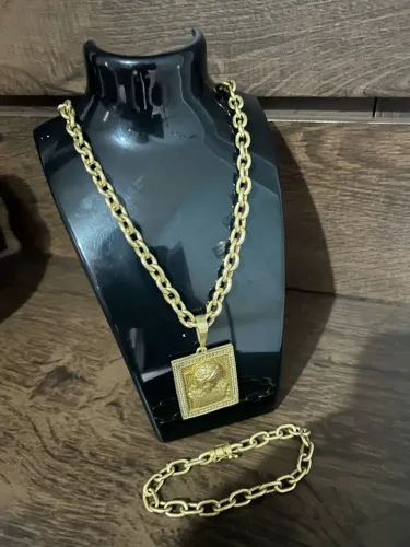 Conjunto corrente + pulseira moeda antiga