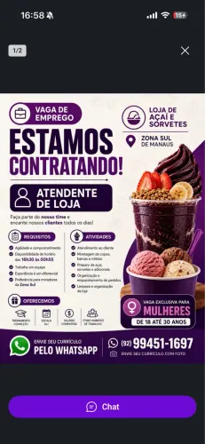VAGA ATENDENTE - AÇAITERIA - ZONA SUL