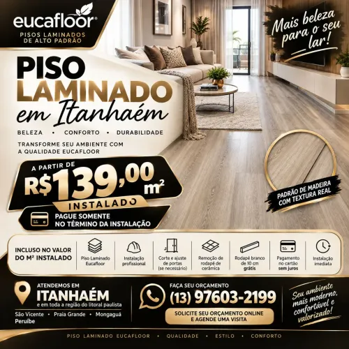 Piso Laminado Eucafloor em Itanhaém R$ 139,00 M2 Com Rodapé de 10cm de Brinde